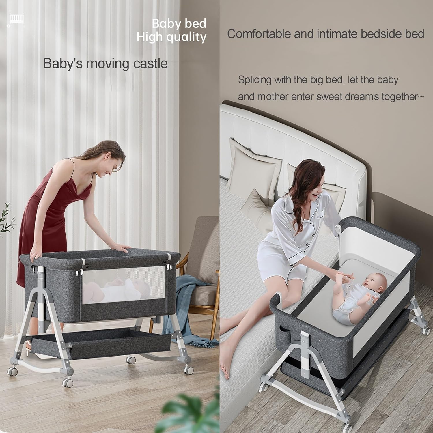 Berceau Réglable - Lit Berceau Avec Matelas, Panier De Rangement et Moustiquaire - Nouveau-né