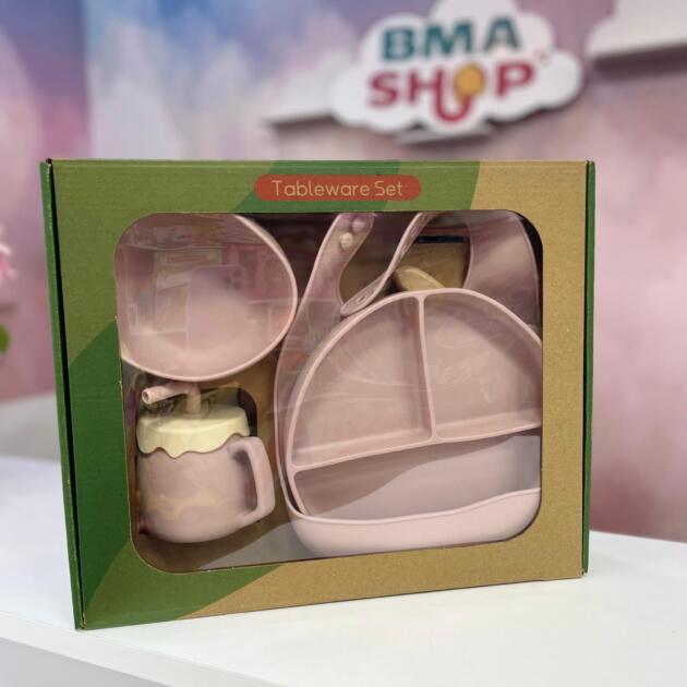 Set Repas Bébé - Vaisselle Enfant et Bavoir en Silicone - cuillère et fourchette