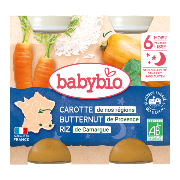 BABYBIO-CAROTTE DE NOS RÉGIONS BUTTERNUT DE PROVENCE RIZ DE CAMARGUE 2- 200G