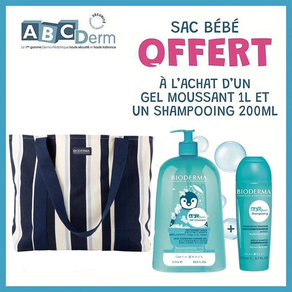 Offre : Bioderma ABCDerm Gel Moussant Nettoyant Doux 1L + Shampooing 200ml = Sac Offert