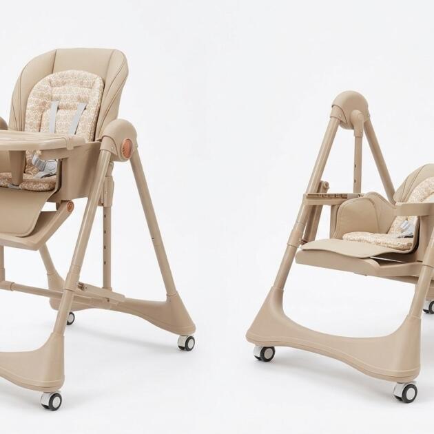 burbay Chaise haute bébé 3 en 1 se transforme au balancelle inclinable pliable-Beige