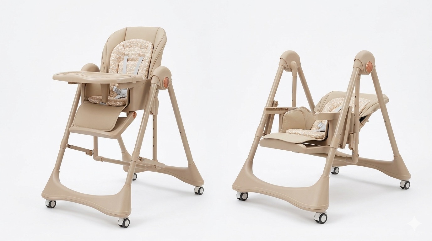 burbay Chaise haute bébé 3 en 1 se transforme au balancelle inclinable pliable-Beige